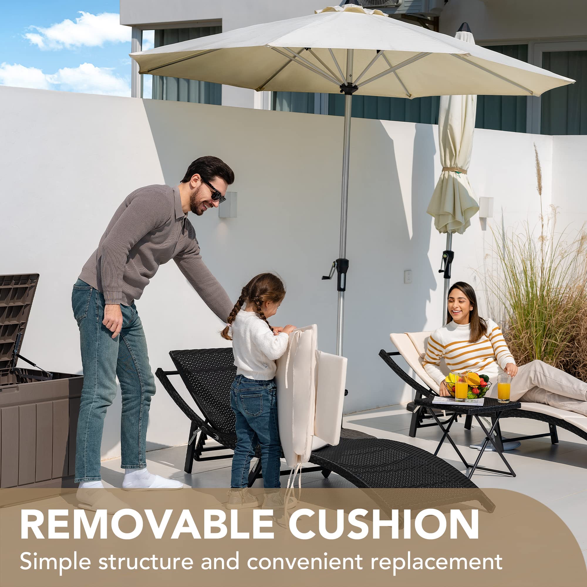 Outdoor Rattan Chaise Lounge Set of 3 with Folding Table
