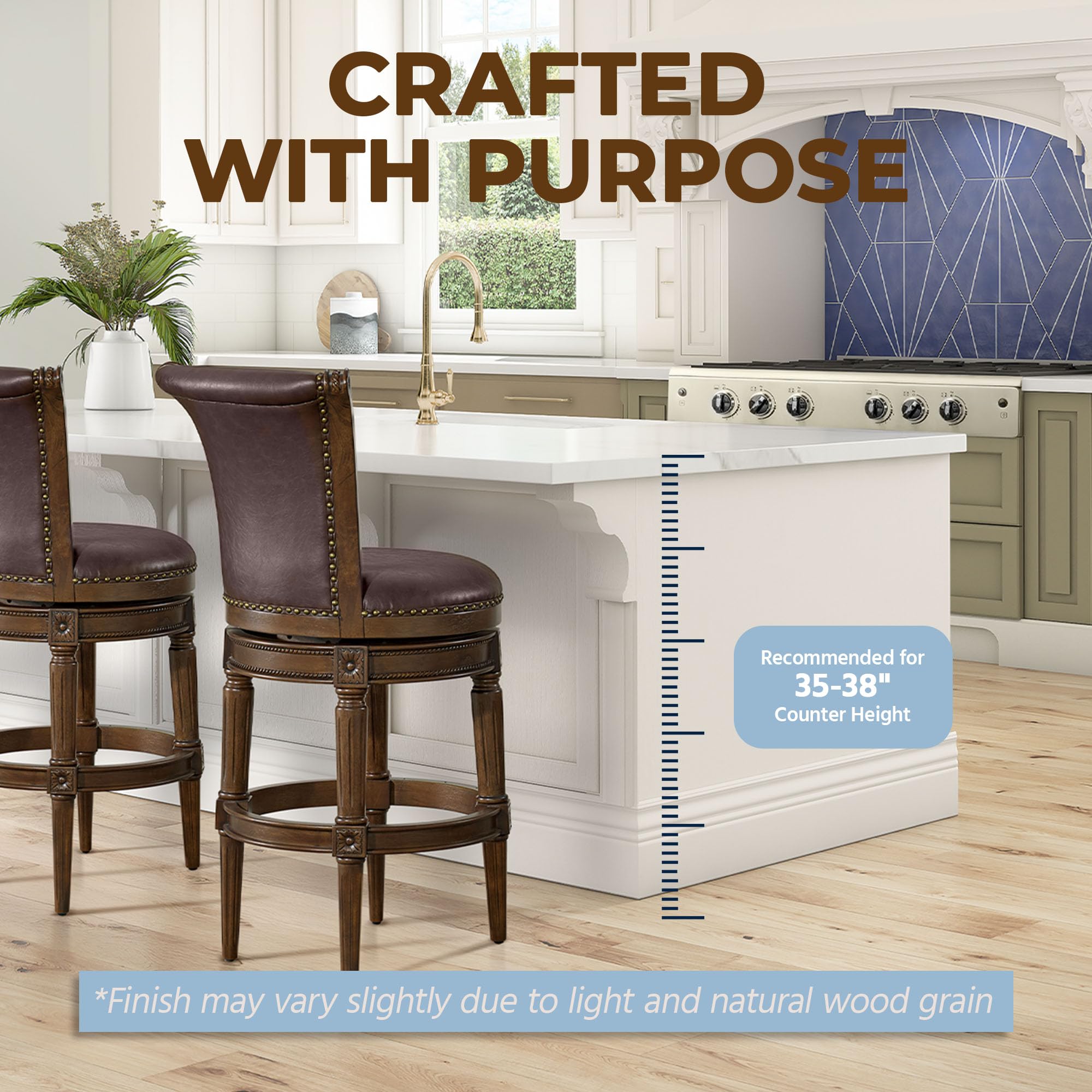 ROME + OAK Set of 3 Runyan 26" Swivel Counter Stool, Rotating High Back Barstool in Dark Walnut Finish with Vintage Brown Vegan Leather Seat
