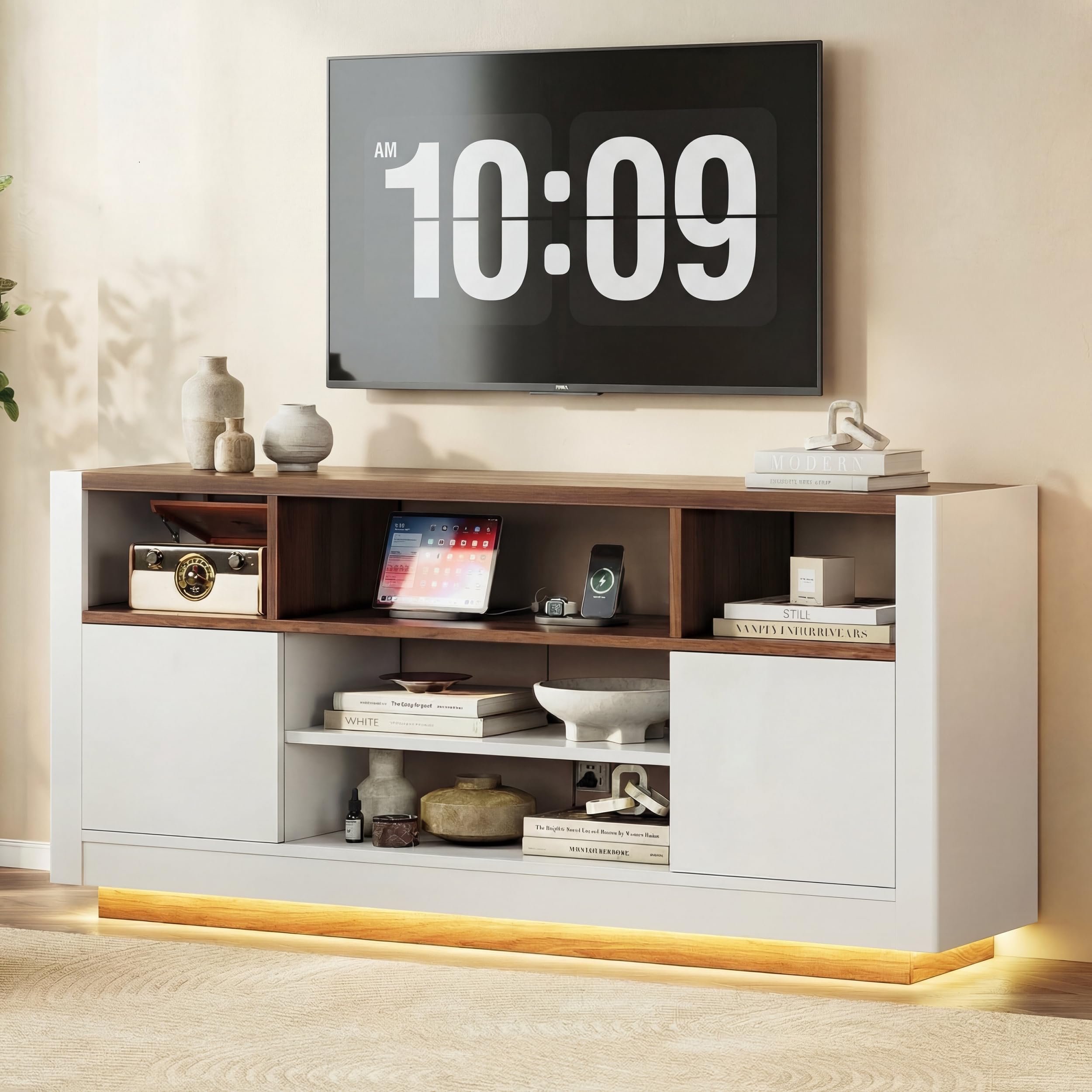 65" TV Stand with LED Lights & Charging Station