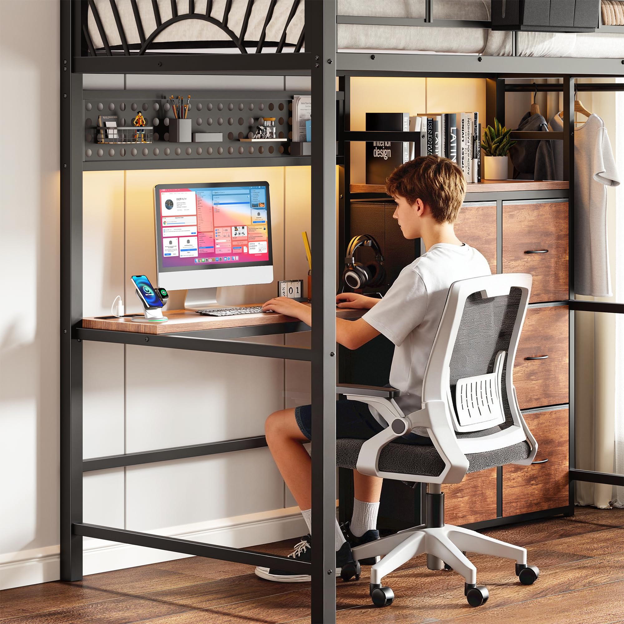 Twin Loft Bed with Desk & 6 Storage Drawers