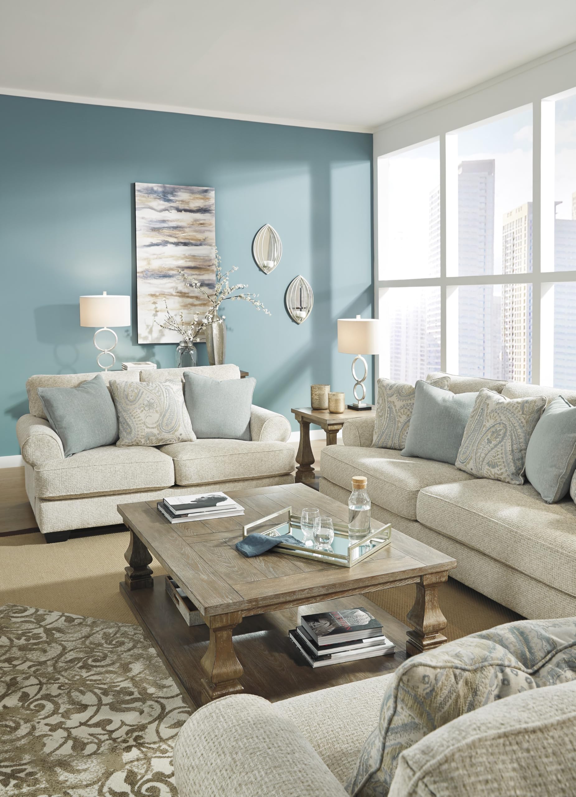 Chenille Loveseat with Rolled Arms, Reversible Cushions & Accent Pillows