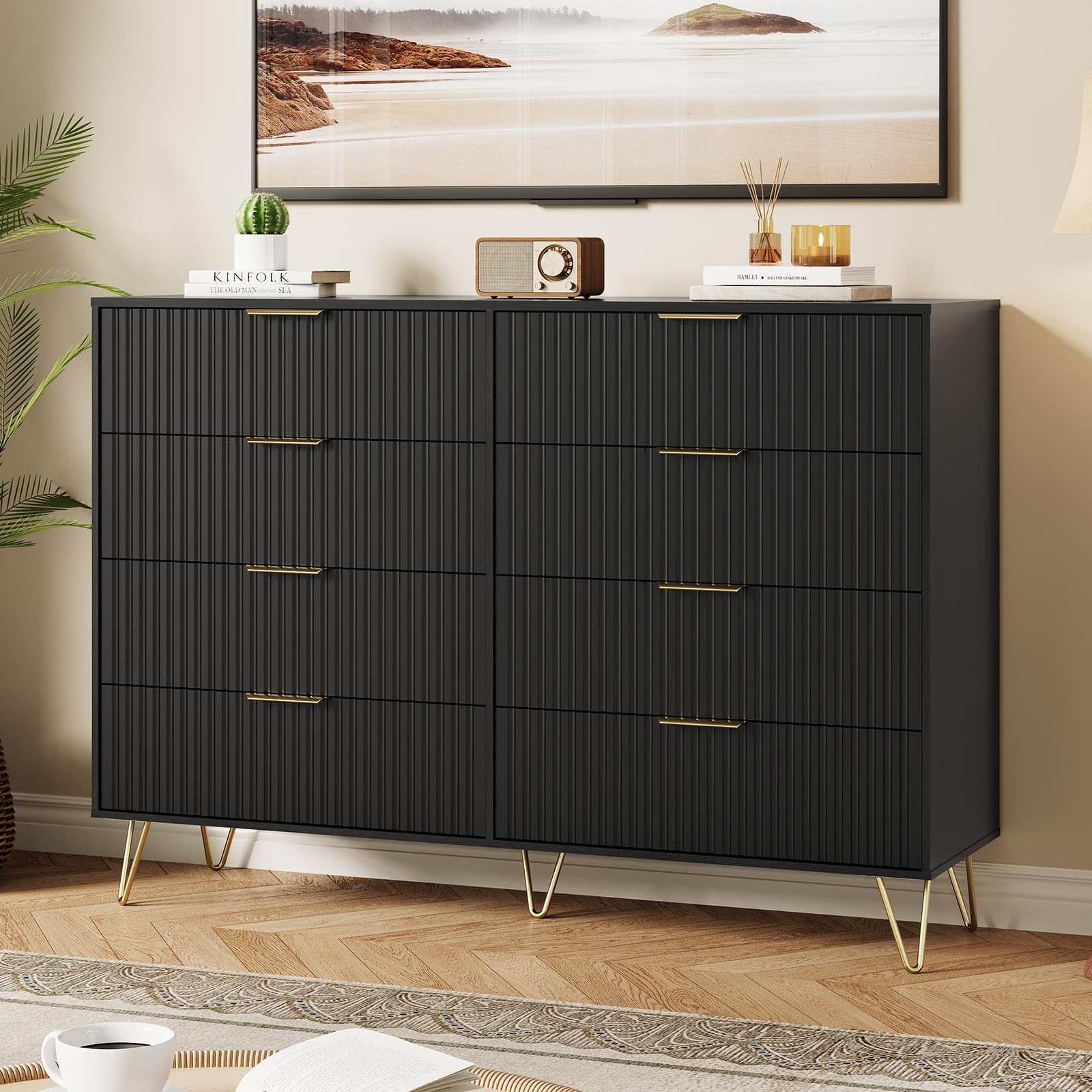 GAOMON Modern Fluted 8-Drawer Dresser - 55" Wide Wood Chest with Metal Handles - Multi-Use Bedroom Clothes Storage Cabinet & TV Stand - Contemporary Furniture, Black