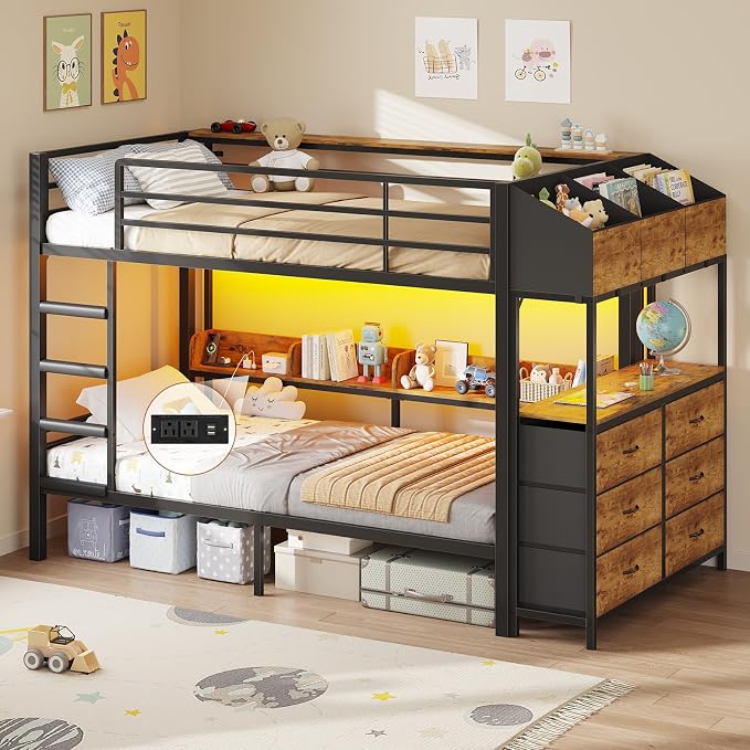 Twin Over Twin Bunk Bed with Storage & LED Lights