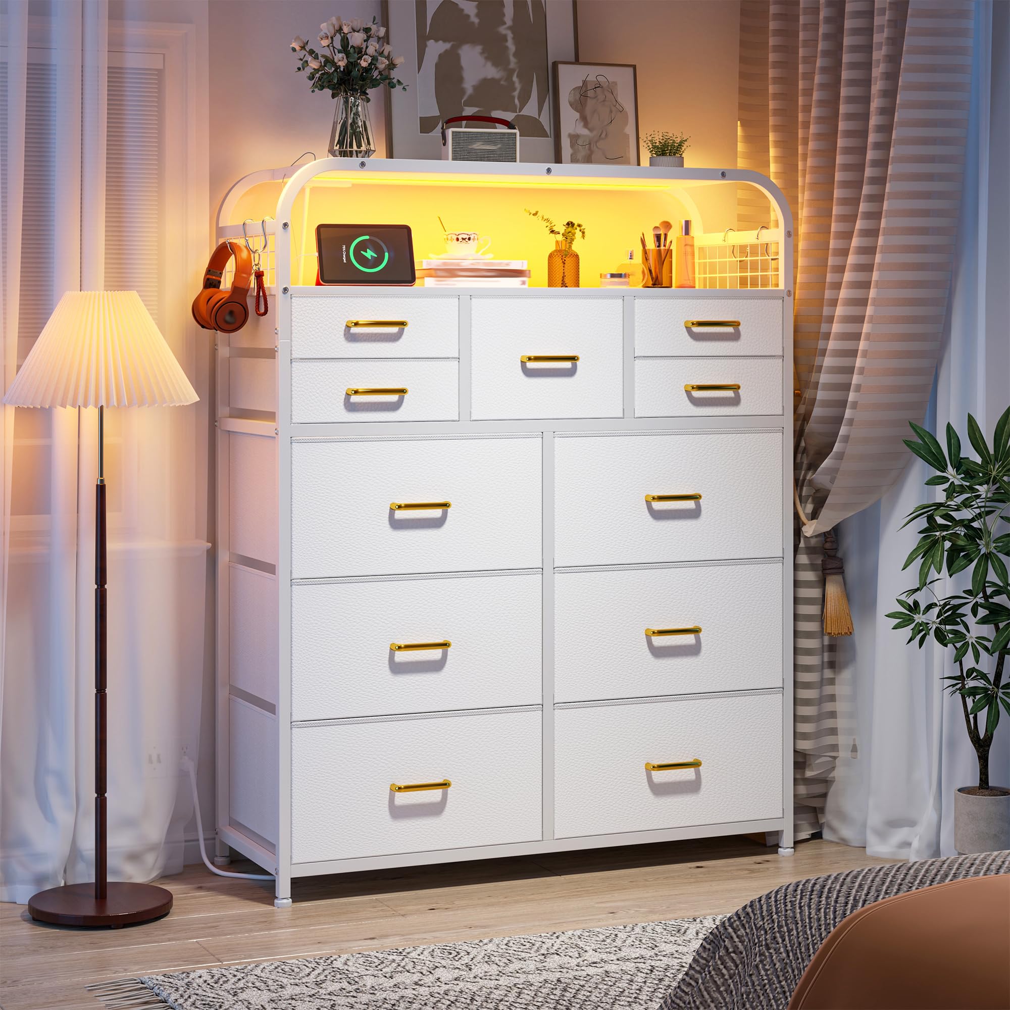 EnHomee 47" H Dressers & Chests of Drawers with LED Lights & Charging Station, Dresser for Bedroom with 11 Fabric Drawers & 4 Hooks & Open Shelves, Entryway, Hallway, Dorm White
