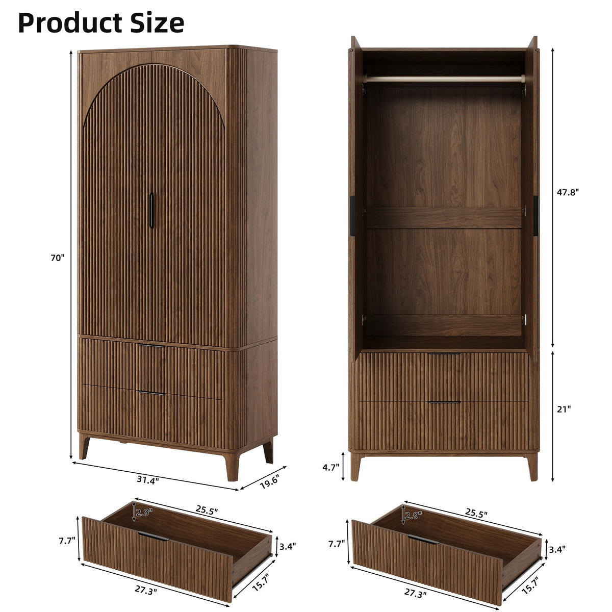 Oxirth 70.1" Arched Wooden Armoire Wardrobe Closet with 2 Doors and 2 Drawers, Fluted Bedroom Armoire with Hanging Rod Shelf, Clothing Storage Cabinet, Wardrobe Armoire Closet Cabinet (Walnut, 31.4")