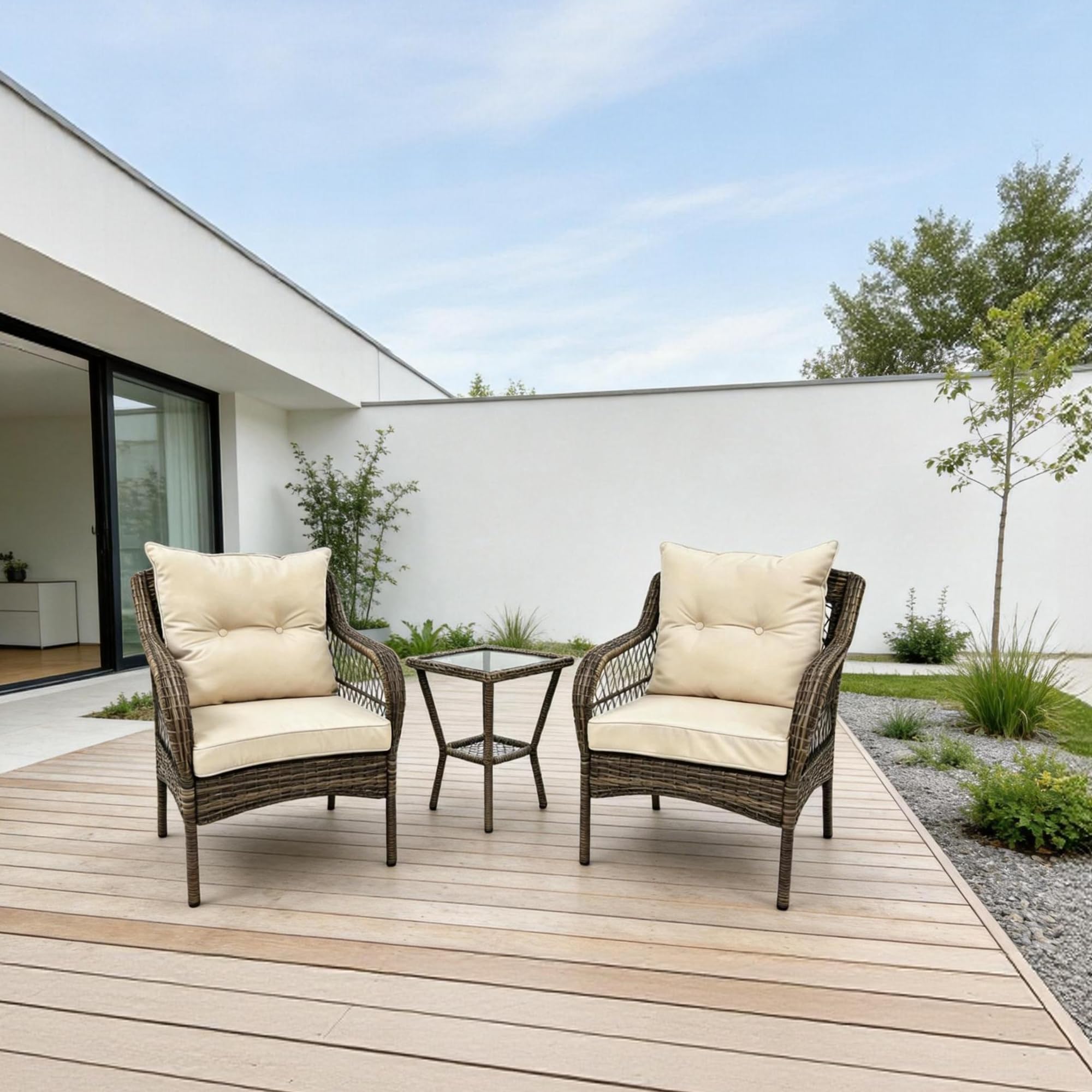 3 Piece Outdoor Wicker Patio Furniture Set, Rattan Conversation Bistro Set with 2 Arm Chairs & Tempered Side Table, All-Weather PE Rattan Chairs with Cushions for Backyard, Balcony, Garden, Beige