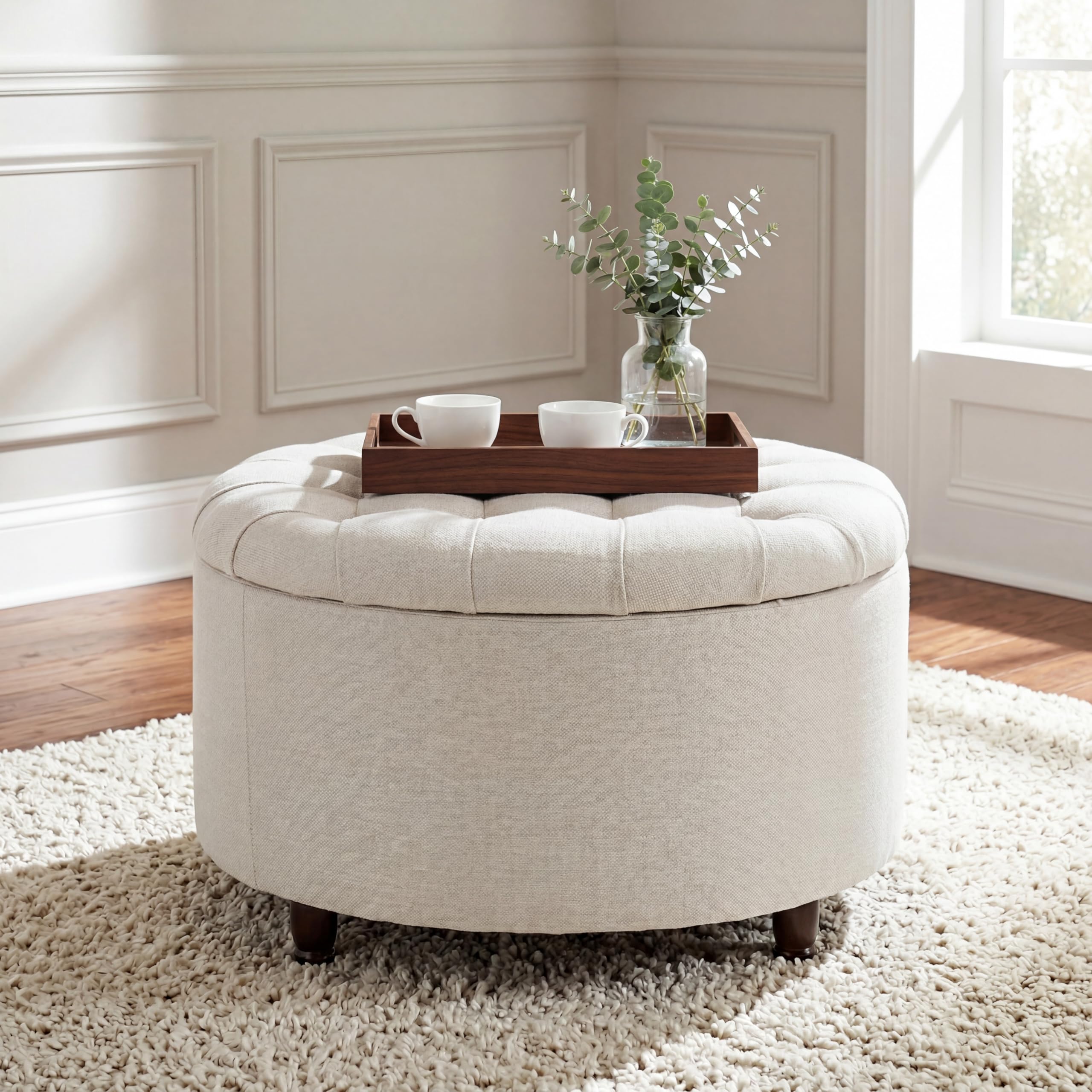 28" Round Storage Ottoman with Wooden Legs – White