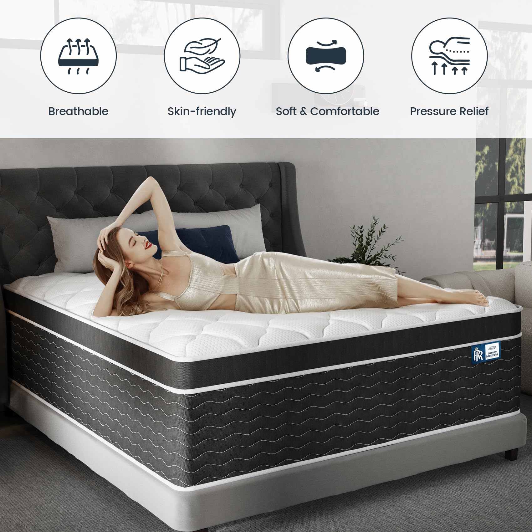 Ruoysun Luxury Queen Mattress 14 Inch, Hybrid Firm Mattress Queen Size in a Box, 7-Zones& Extra Edge Support, Cooling Gel Memory Foam& Pocket Spring, Motion Isolation, Pressure Relief, Fiberglass-Free