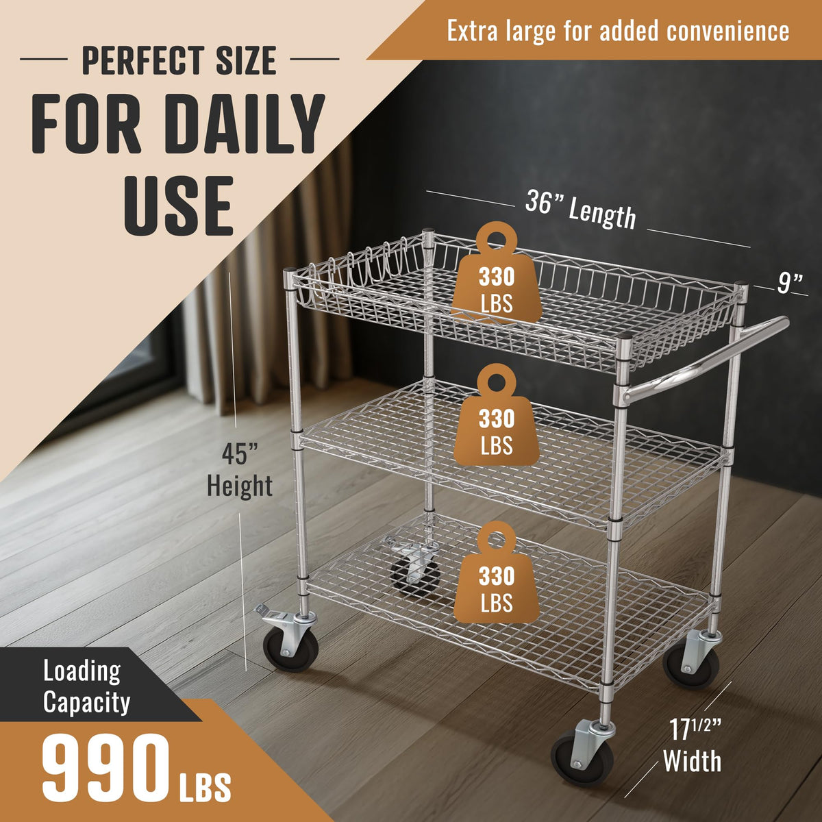 3 Tier | 45" Length | Heavy Duty & Longer Wire Commercial Grade Rolling Cart with Wheels | Rolling Shelving Unit | Metal Utility Serving Cart with Shelves & Organizer Racks for Kitchen Bar Office