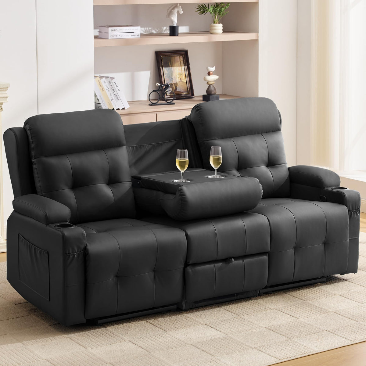 Korser 3-Seater Loveseat Recliner Sofa, Manual Recliner Chair with Flip Back Console, Cup Holder & USB, Home Theater Seating for Family Party, PU Leather, Black