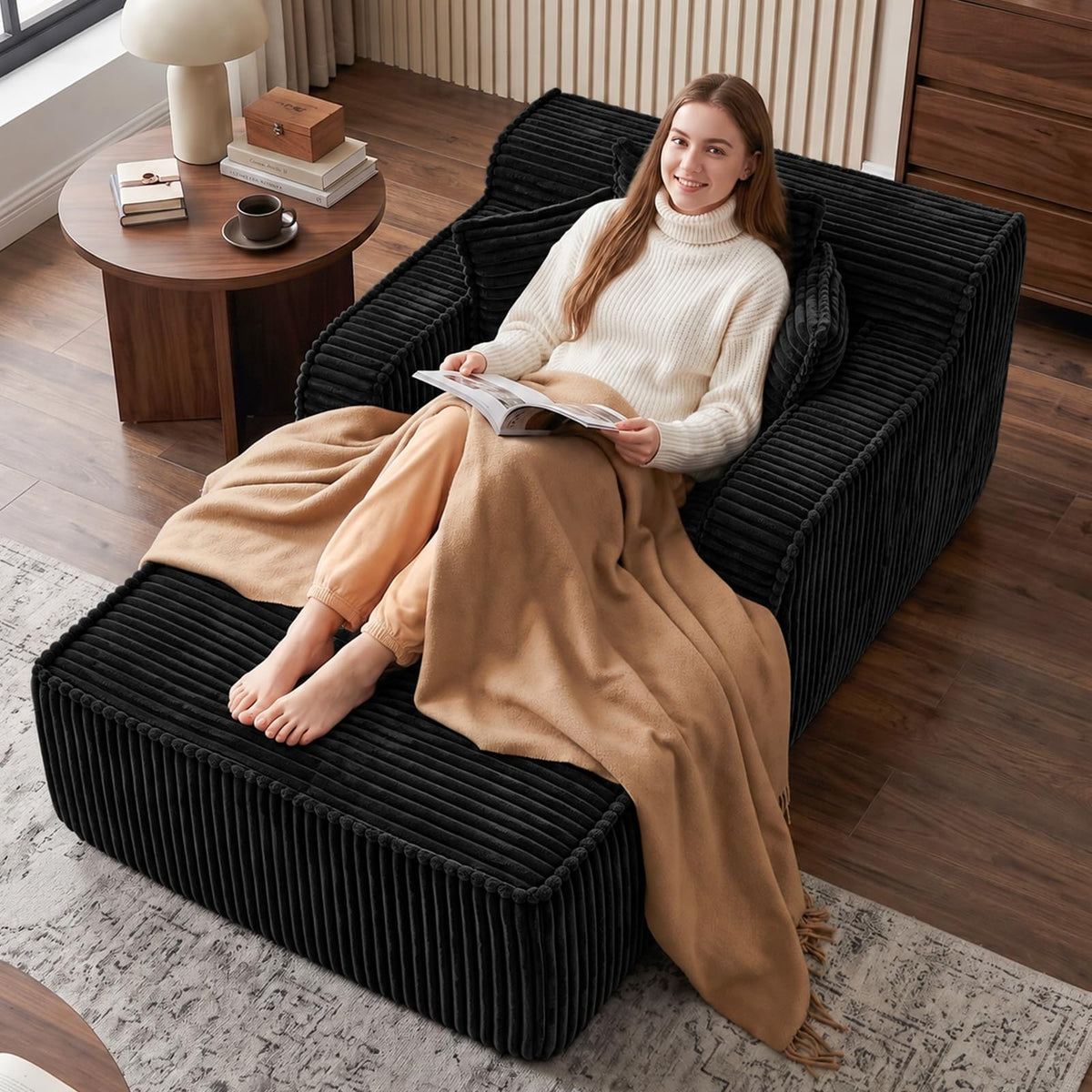 NLDD Corduroy Chaise Lounge Chair with Detachable Ottoman, Convertible Modular Reading Chaise Lounge, High-Density Foam Single Person Relaxation Chair for Living Room,Apartment,Small Spaces