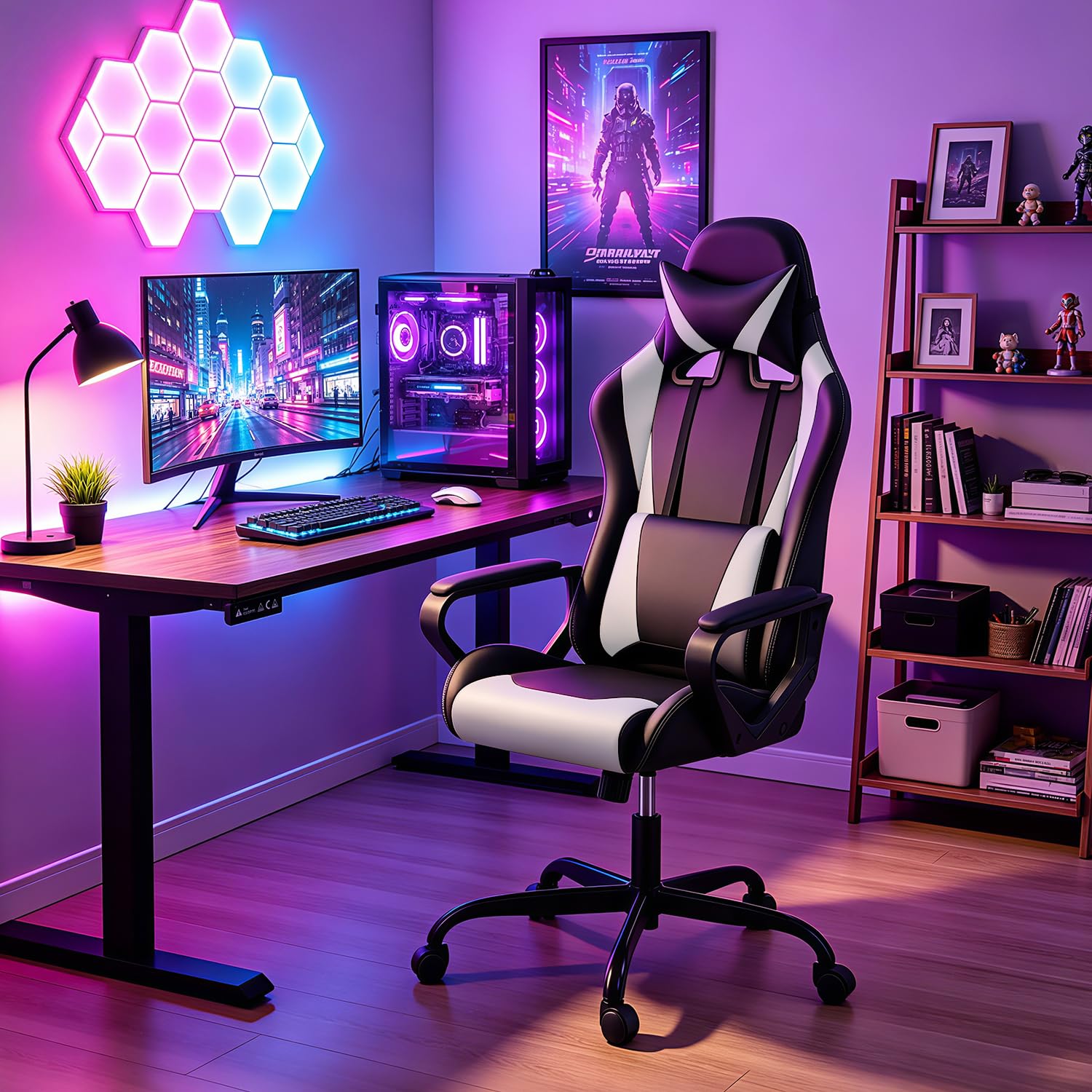 FDW Gaming Chair PU Leather Computer Chair Executive Headrest Lumbar Support Ergonomic Racing Desk Chair with Armrests 360° Swivel & Caster Five Star Metal Base for Office or Gaming