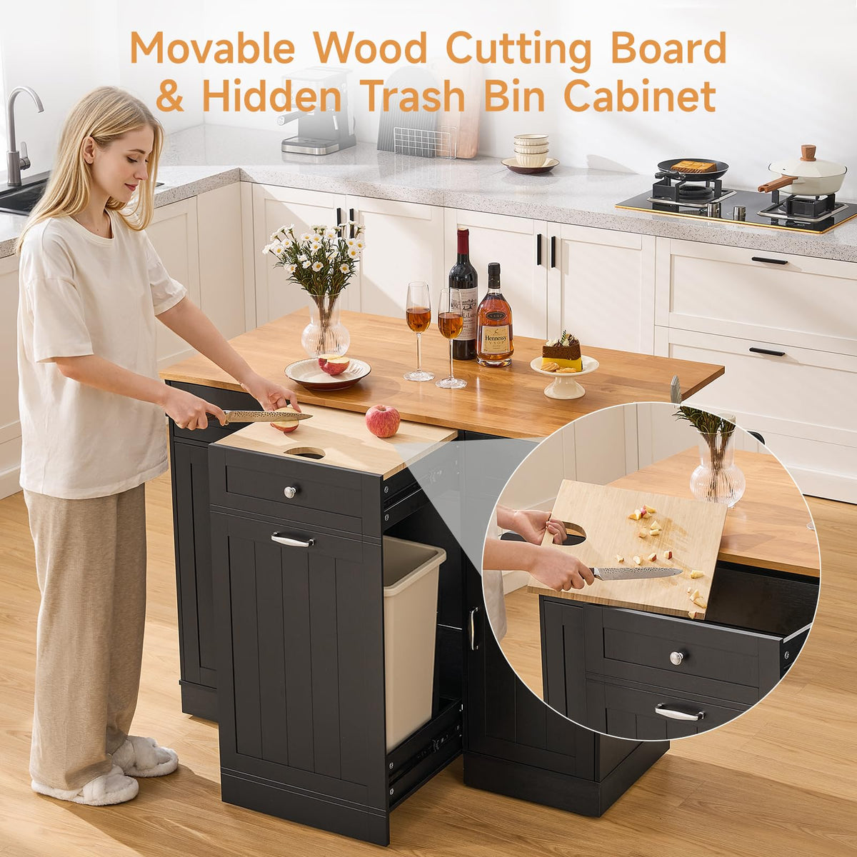ONBRILL Kitchen Islands with Movable Wood Cutting Board & Trash Can, Black