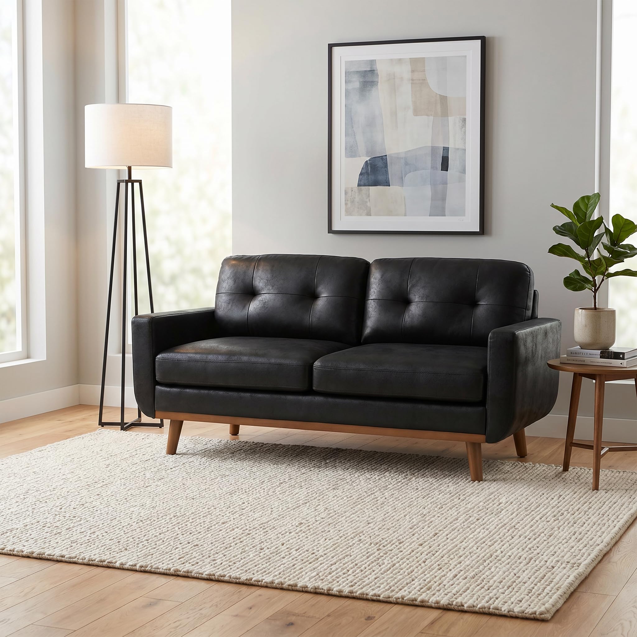 TYBOATLE 65" Loveseat Sofa, Mid Century Modern 2 Seater Couch Love Seat with Tufted Back, Square Arms & Wood Legs, Small Loveseat for Living Room, Bedroom, Apartment, Office (Black)