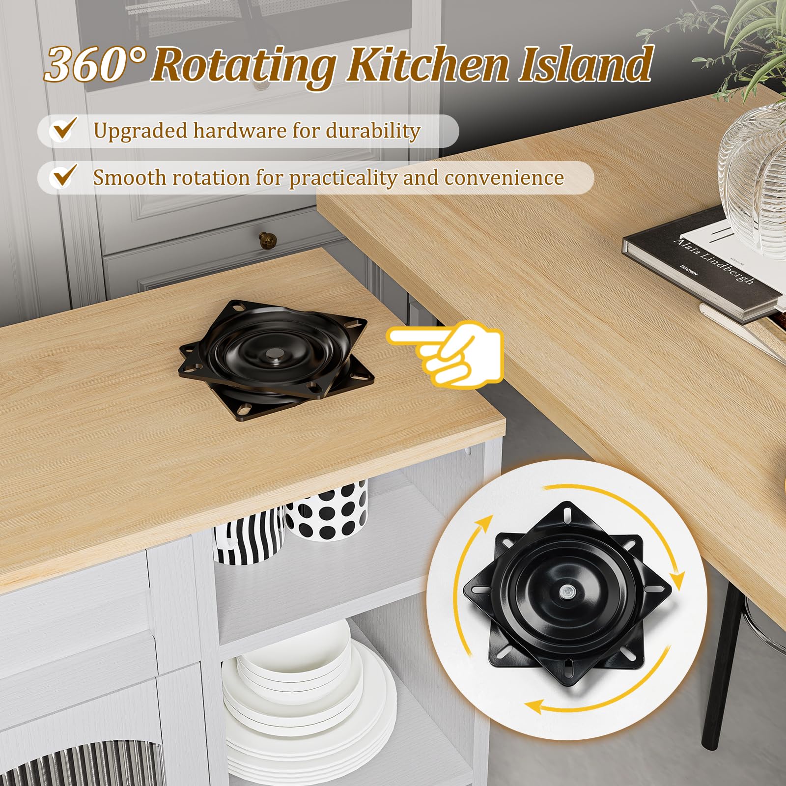 Rolling Kitchen Island with 360° Rotating Tabletop