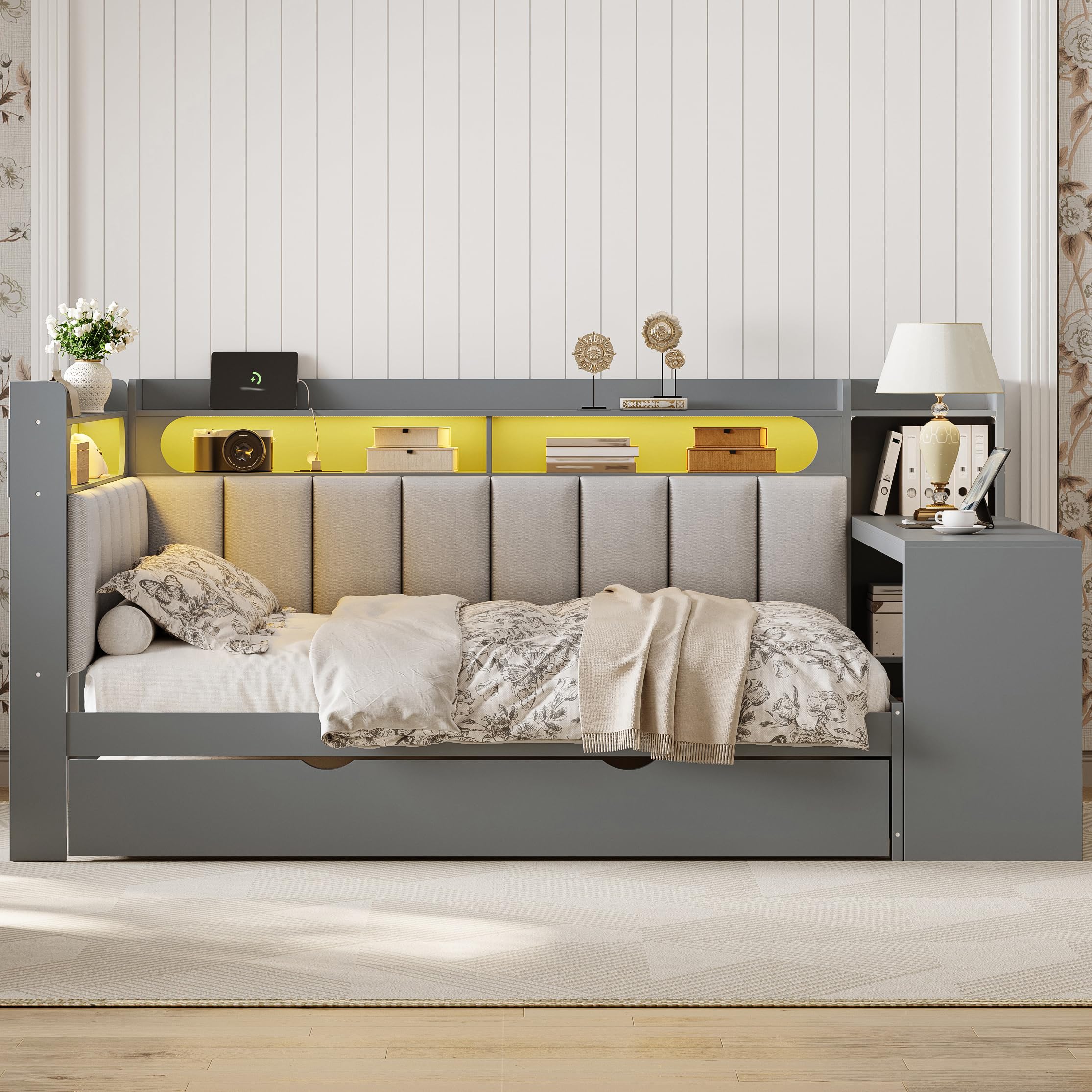 Merax Full Size Daybed with Storage Shelves and Trundle, Wooden Corner Bed with Charging Station, LED Light, Desk, Upholstered Headboard and Backrest, No Spring Box Need