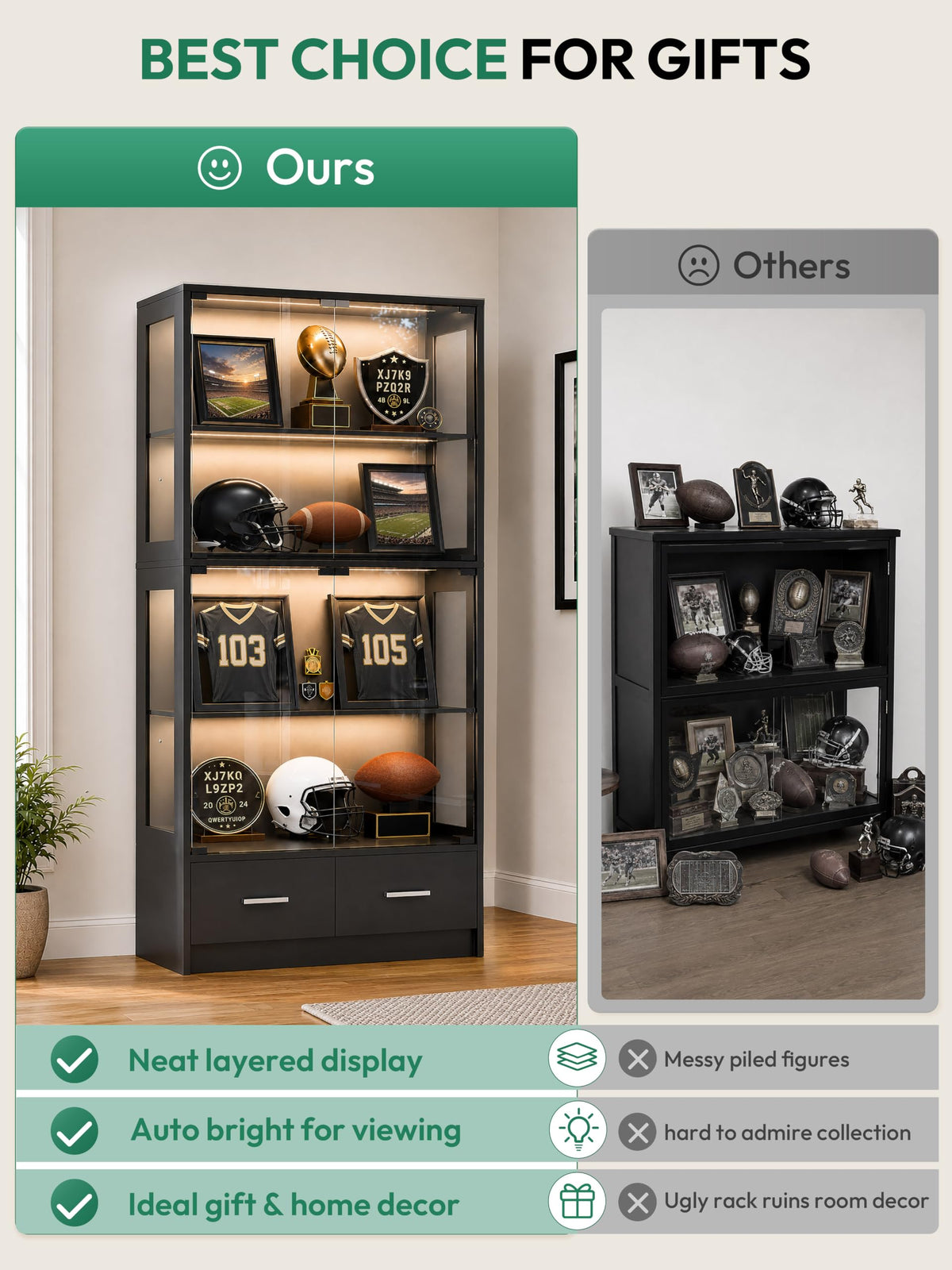 Lamtor 67-inch Glass Display Cabinet for Sports Memorabilia | Black