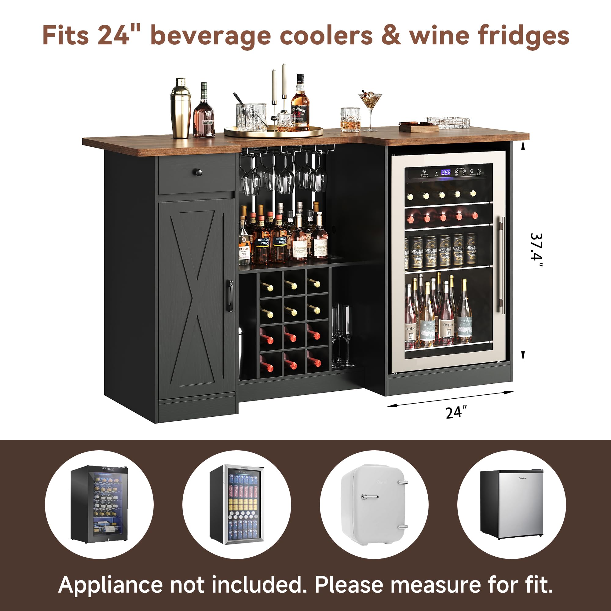 Terroute 72" U-Shape Liquor Cabinet with Fridge Space, Bar Table with Wine Rack Glass Holder, Wine Bar Cabinet with Storage, Home Bar Cabinet for Man Cave Home Pub Basement Living Room, Black LRBT001B