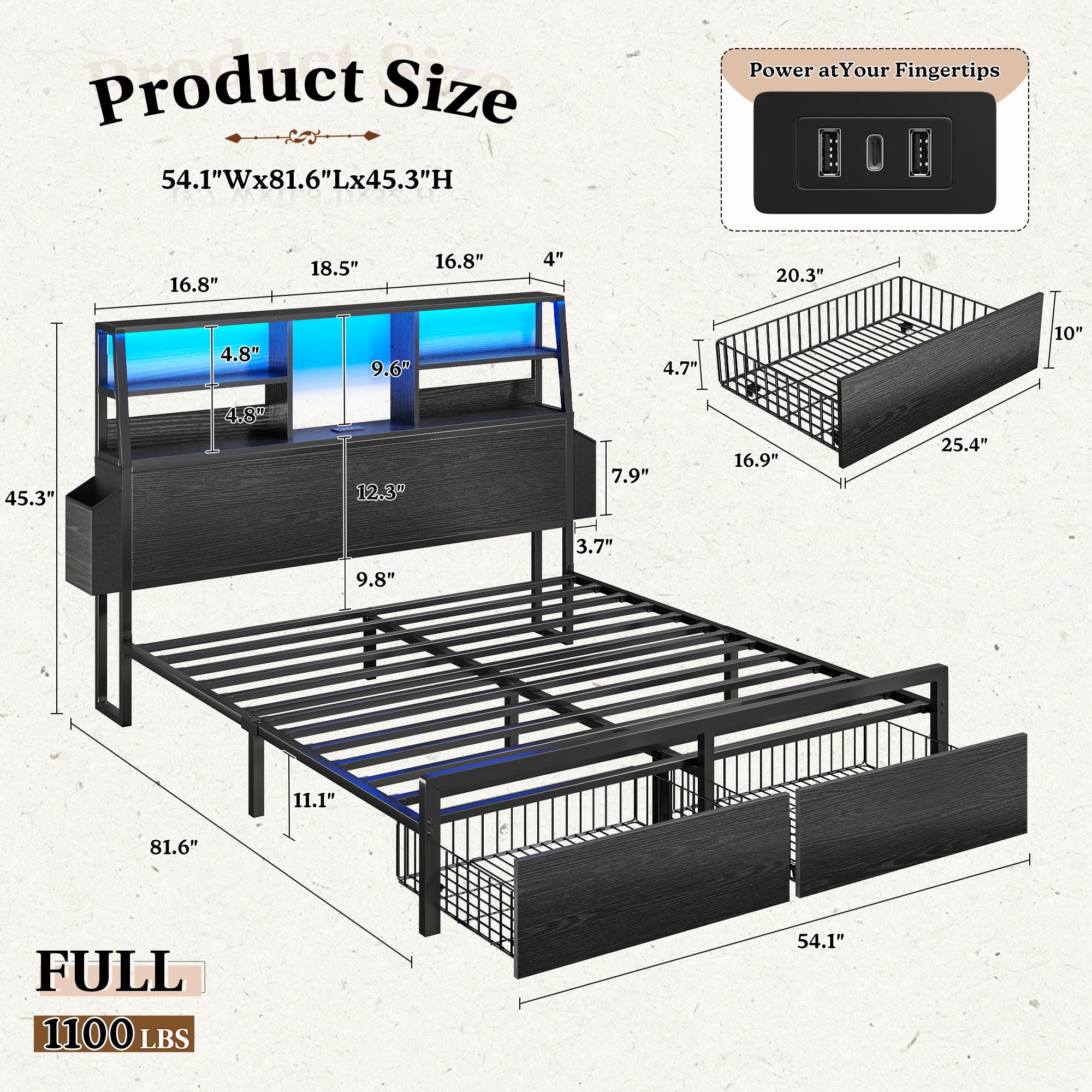 Bed Frame with Storage, LED Lights & Charging Station
