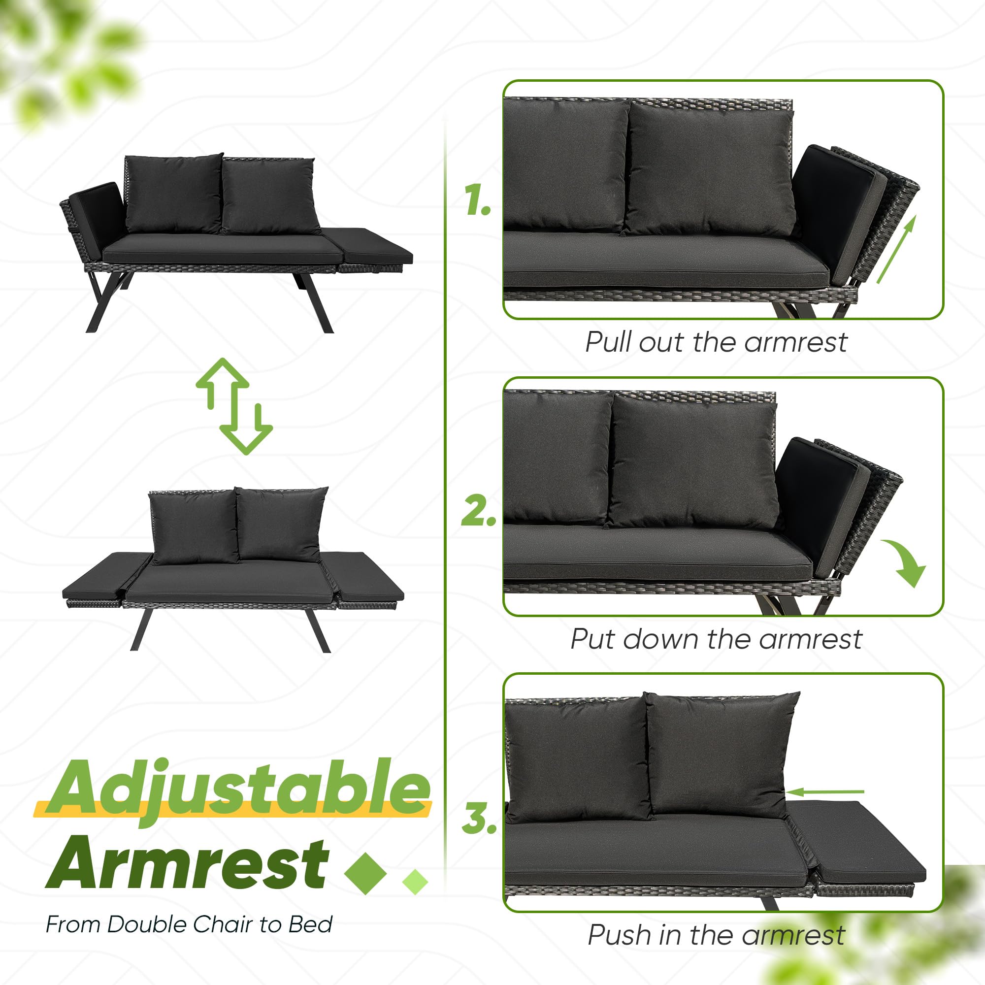 Outdoor Convertible Rattan Sofa Bed with Adjustable Armrests