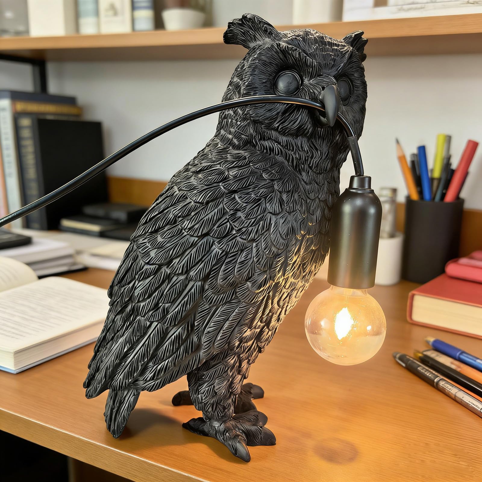 RUIQBMAY Resin Owl Table Lamp Themed Animal Desk Lamp Art Bird Night Light Lamp for Bedside,Living Room,Office Decor,AC 110V (Black Owl Lamp)