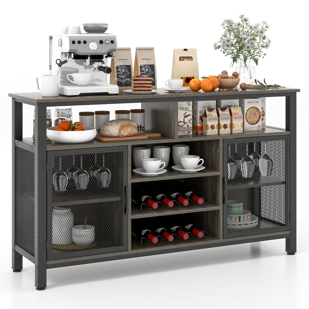 GIANTEX Coffee Bar Cabinet for Liquor and Glasses, 55” Buffet Sideboard with 8-Bottle Wine Racks, 6 Rows of Wine Glass Holders, Mesh Doors, Wine Cabinet for Kitchen, Dining Room, Living Room (Grey)