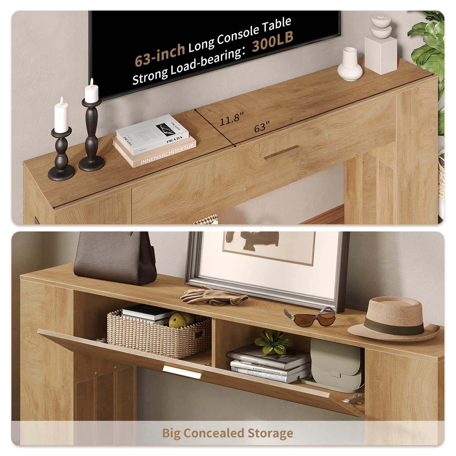 GOLDDAY 63 inch Console Tables with Charging Station and LED Light, Farmhouse Wooden Sofa Table with Drawer, Entryway Table with Wooden Bases, Behind The Couch Table for Hallway, Living Room, Brown