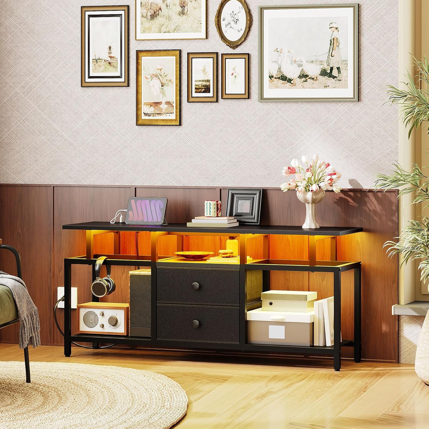 YATINEY TV Stand with LED Light and Power Outlets, Entertainment Center with Fabric Drawers and Open Shelves, 41.7" TV Cabinet for TVs up to 45 Inch, Media Console for Living Room, Bedroom, DS03UDBB