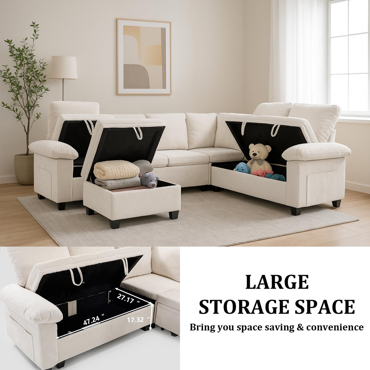 108''Modular Sectional Sleeper Sofa, L Shape Pull Out Sofa Bed with Storage
