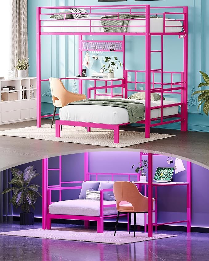 Twin Bunk Bed with Desk & LED Lights