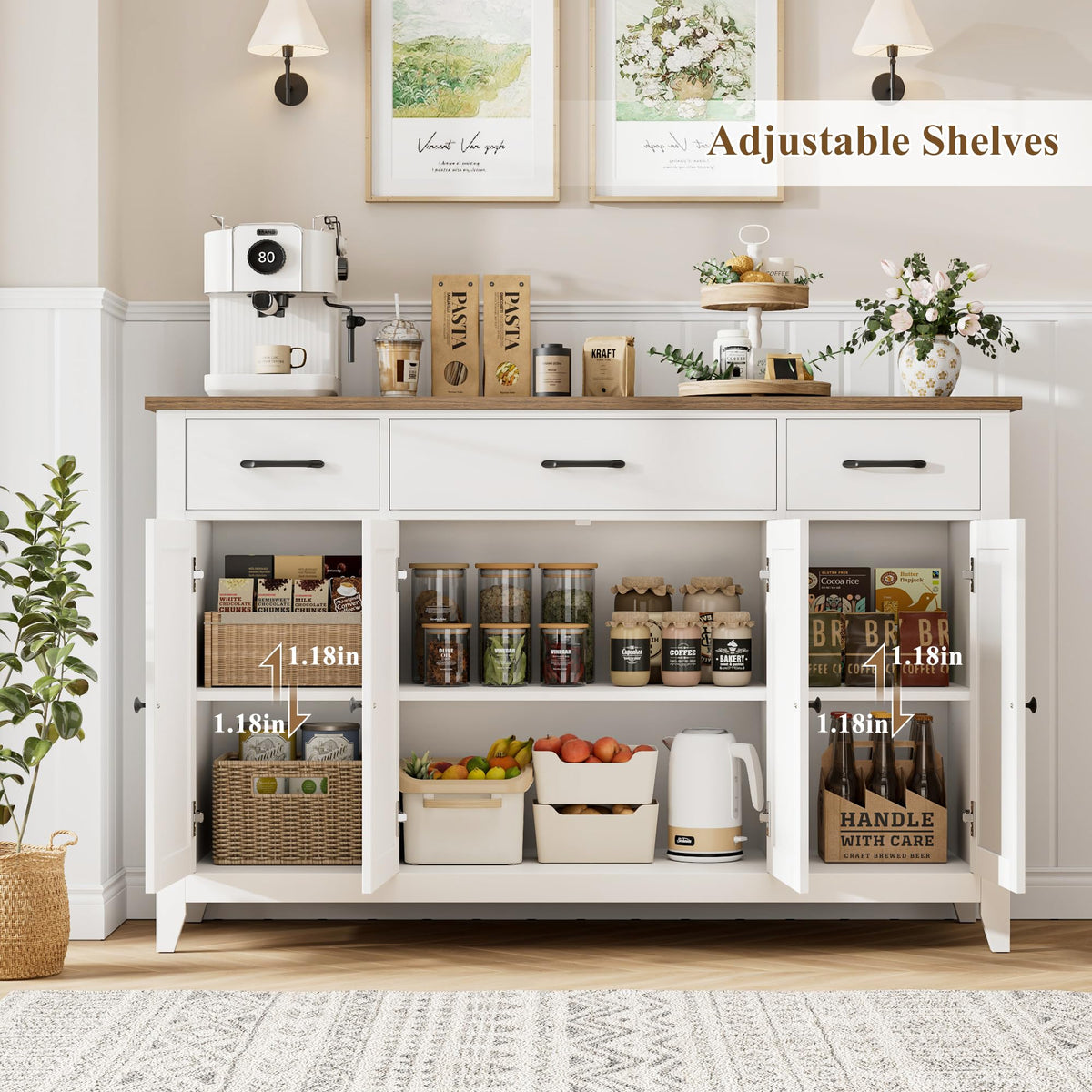 HORSTORS 55" W Buffet Cabinet with Storage, Kitchen Storage Cabinet, White