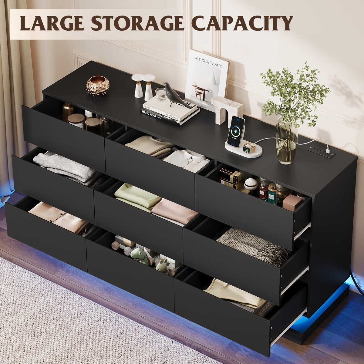 WLIVE 9 Drawer Dresser with LED Light, Dresser with Charging Station