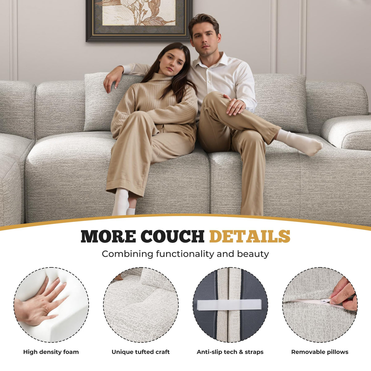 122" Modern L Shaped Modular Sectional Sofa, Boneless Couches for Living Room with Ottoman,4 Seater Convertible Chenille Cloud Couch Sofa Set, No Assembly Required, Beige 1 PCS