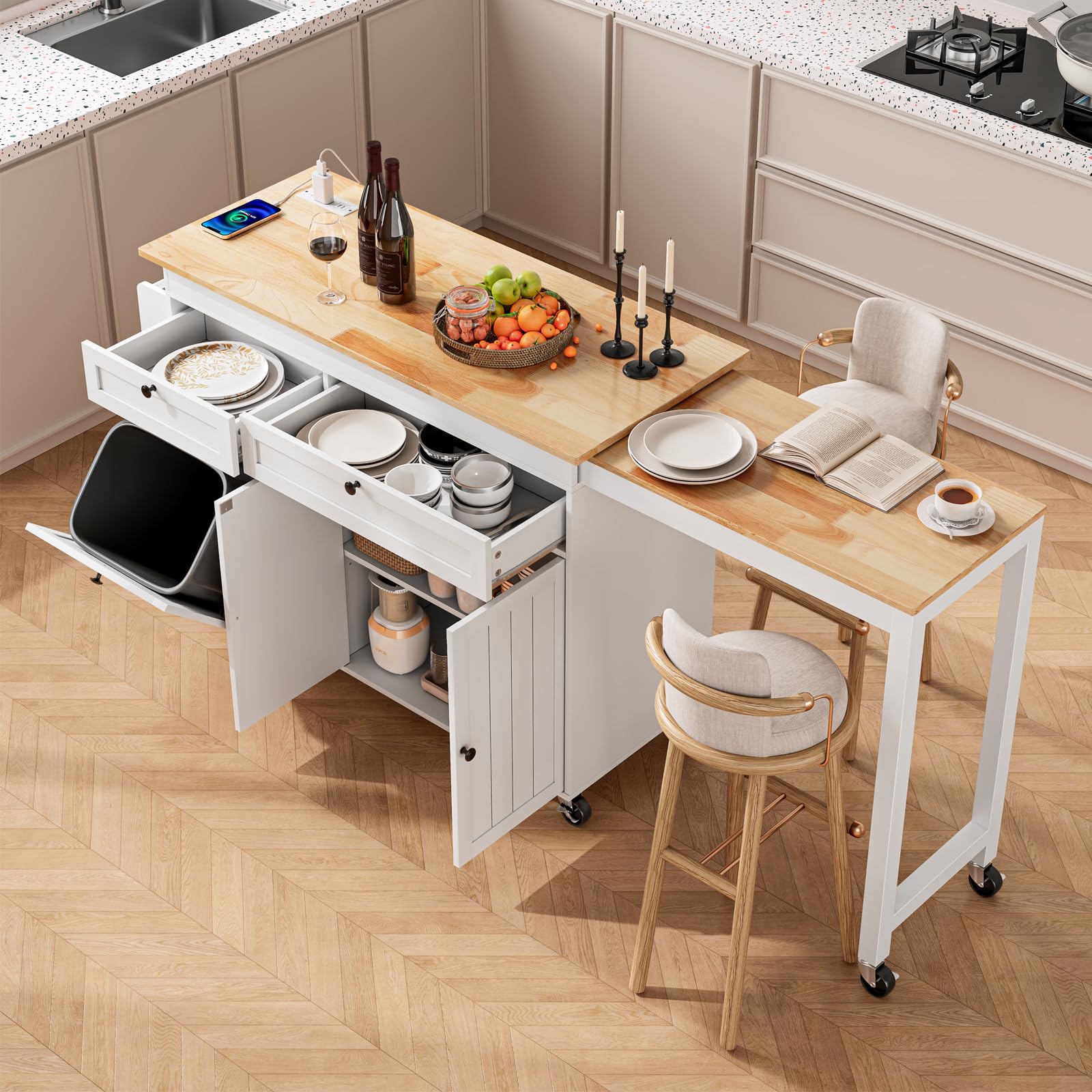 ONBRILL Kitchen Islands with Extendable Dining Table, 81.7" Mobile Kitchen Storage Islands, Rolling Kitchen Cart with Trash Cabinet, Power Outlet, Spice Rack & Towel Rack, White