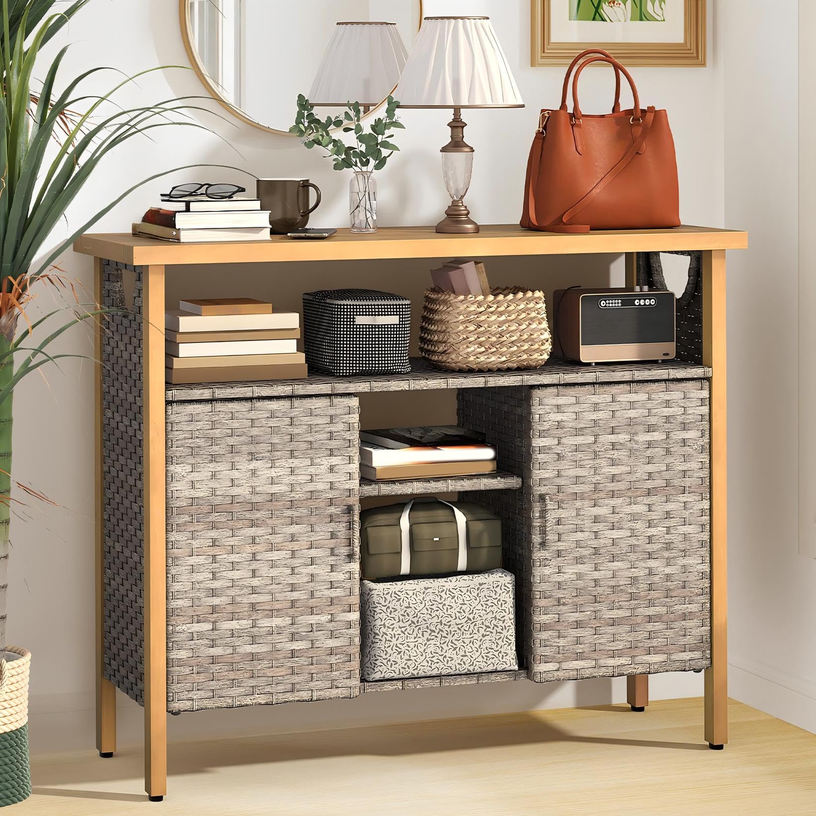 Outdoor Wicker Storage Cabinet with Adjustable Shelves