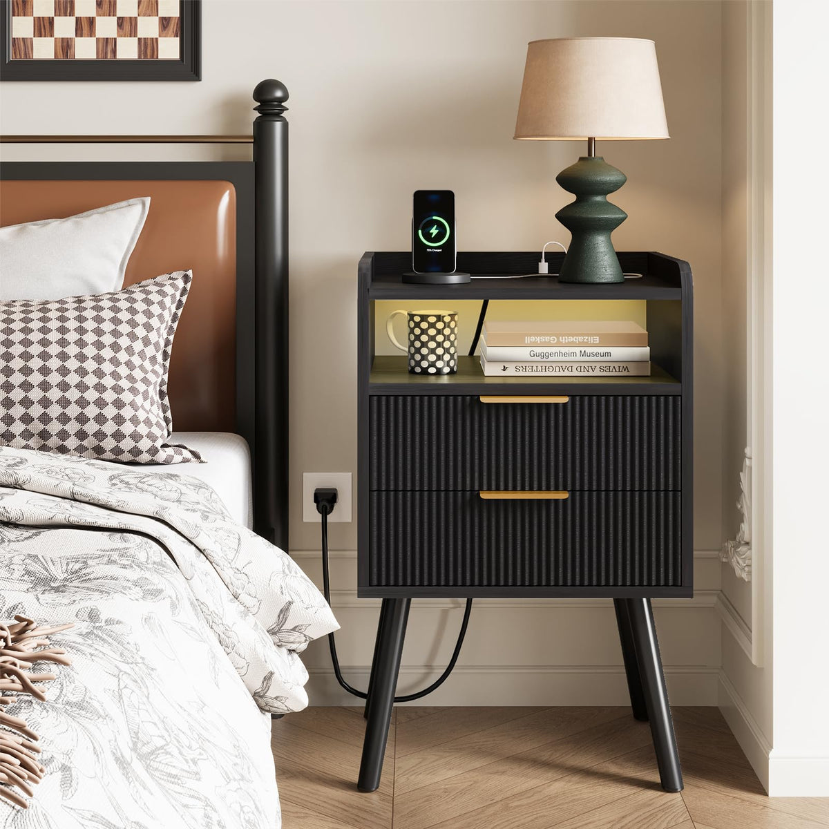 Fixwal Black Nightstand with Charging Station, 2 Fluted Wood Drawers