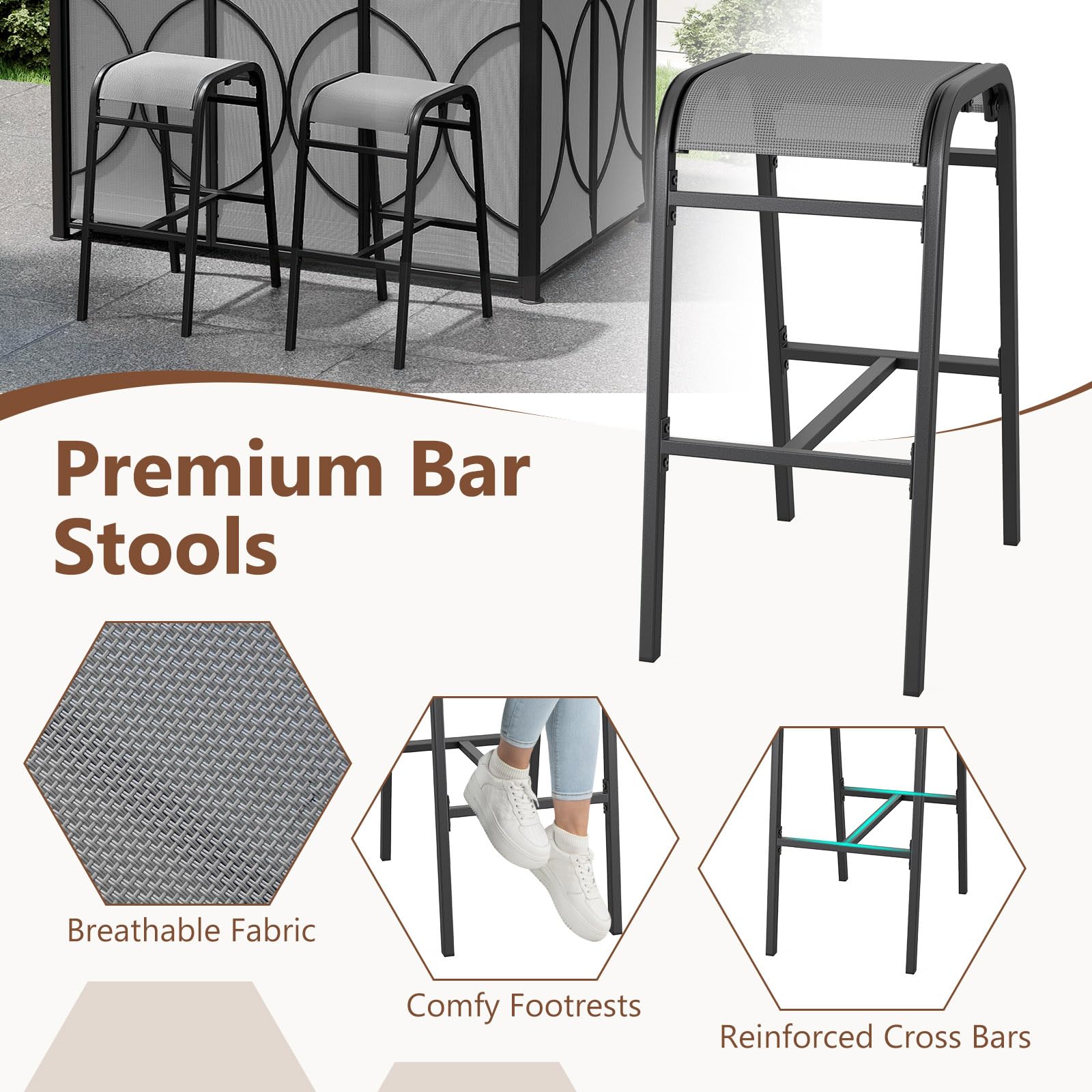 Tangkula 3-Piece Patio Bar Set, Grill Gazebo & 2 Bar Stools with Tempered Glass Bar Table, Metal Storage Shelves, Glass Holders, Double-Tier Soft Top Canopy BBQ Gazebo Shelter for Patio Garden (Grey)