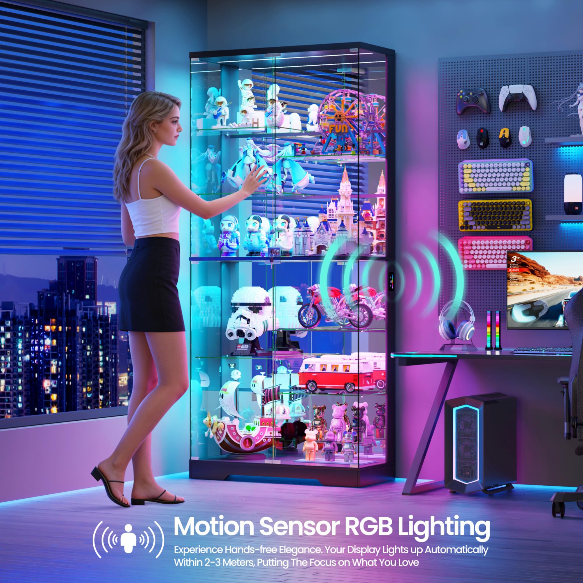 Glass Display Cabinet with RGB Lighting, 10 Compartments