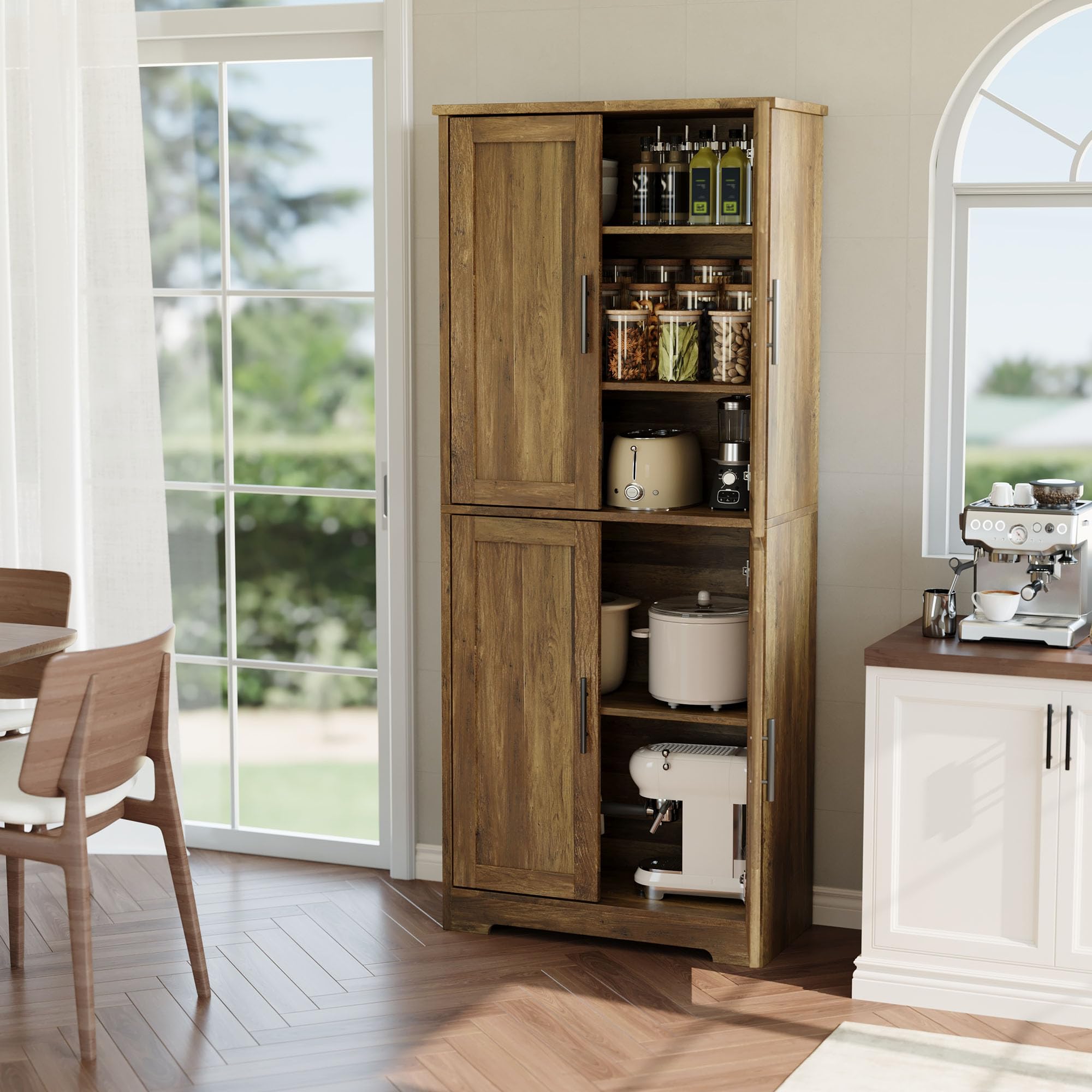 Garvee Modern Tall Pantry Cabinet – Freestanding Kitchen Storage Cupboard with 4 Doors & 3 Adjustable Shelves – Versatile for Living Room, Dining Room, Bathroom, Laundry, Utility – Barnwood Finish