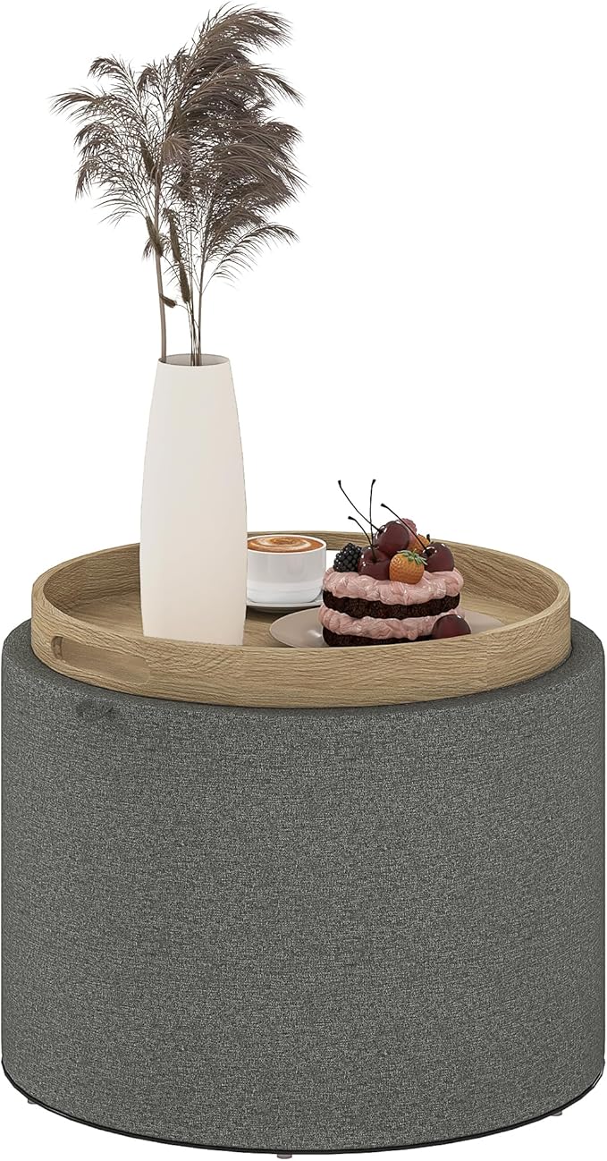 Round Storage Ottoman with Flip-Top Tray