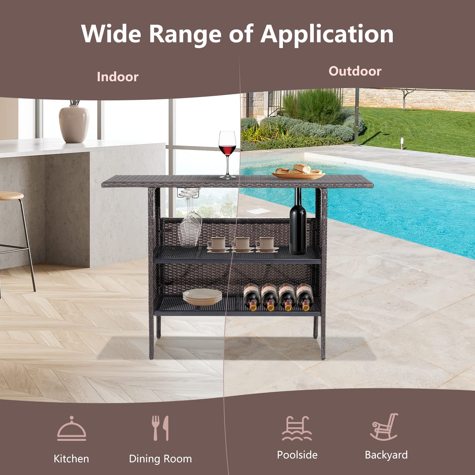 Tangkula Outdoor Wicker Bar Table, Patiojoy All Weather Patio Bar Height Table with 2 Metal Mesh Shelves & 2-Rail Steel Stemware Racks, Rattan Bar Counter Table for Backyard, Poolside (Mix Brown)