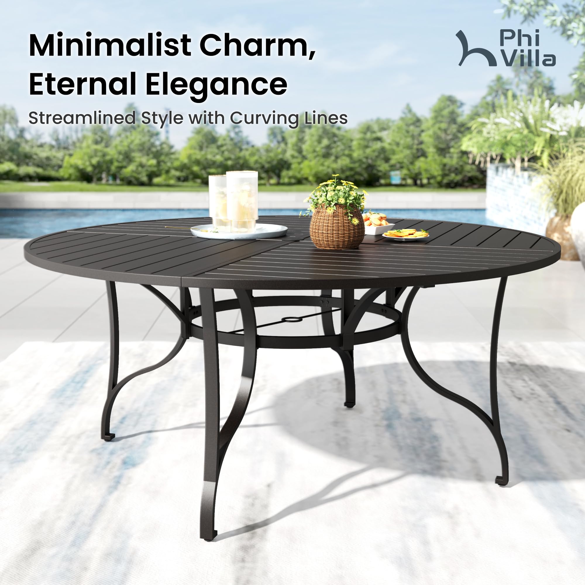 PHI VILLA 67" Outdoor Round Table for 8, Large Metal Wrought Iron Patio Dining Table with Umbrella Hole, All Weather Furniture for Outside Deck, Yard, Porch - Black