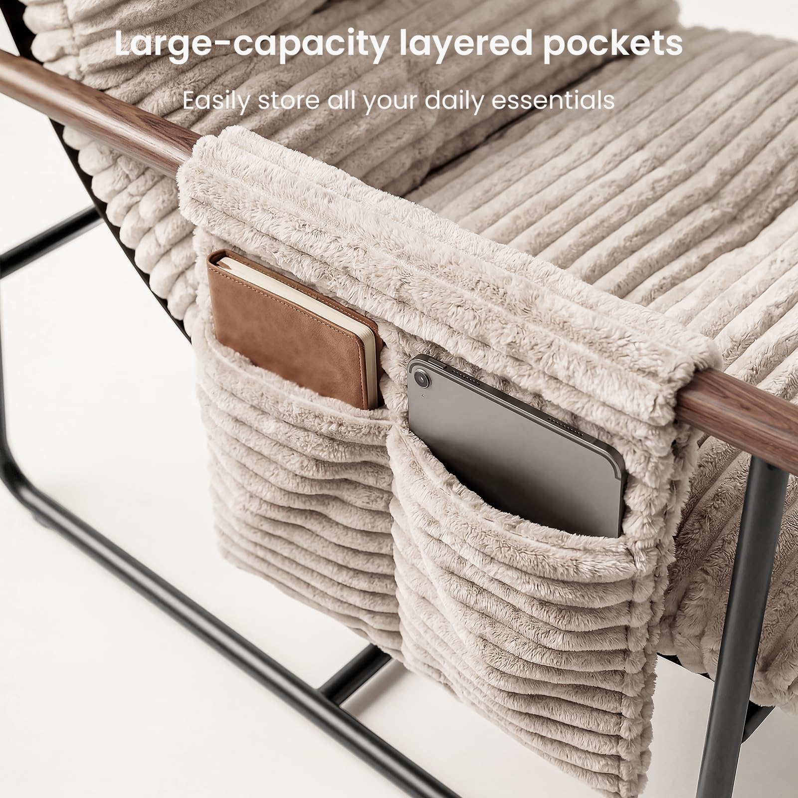 Corduroy Accent Chair with Wood Armrests