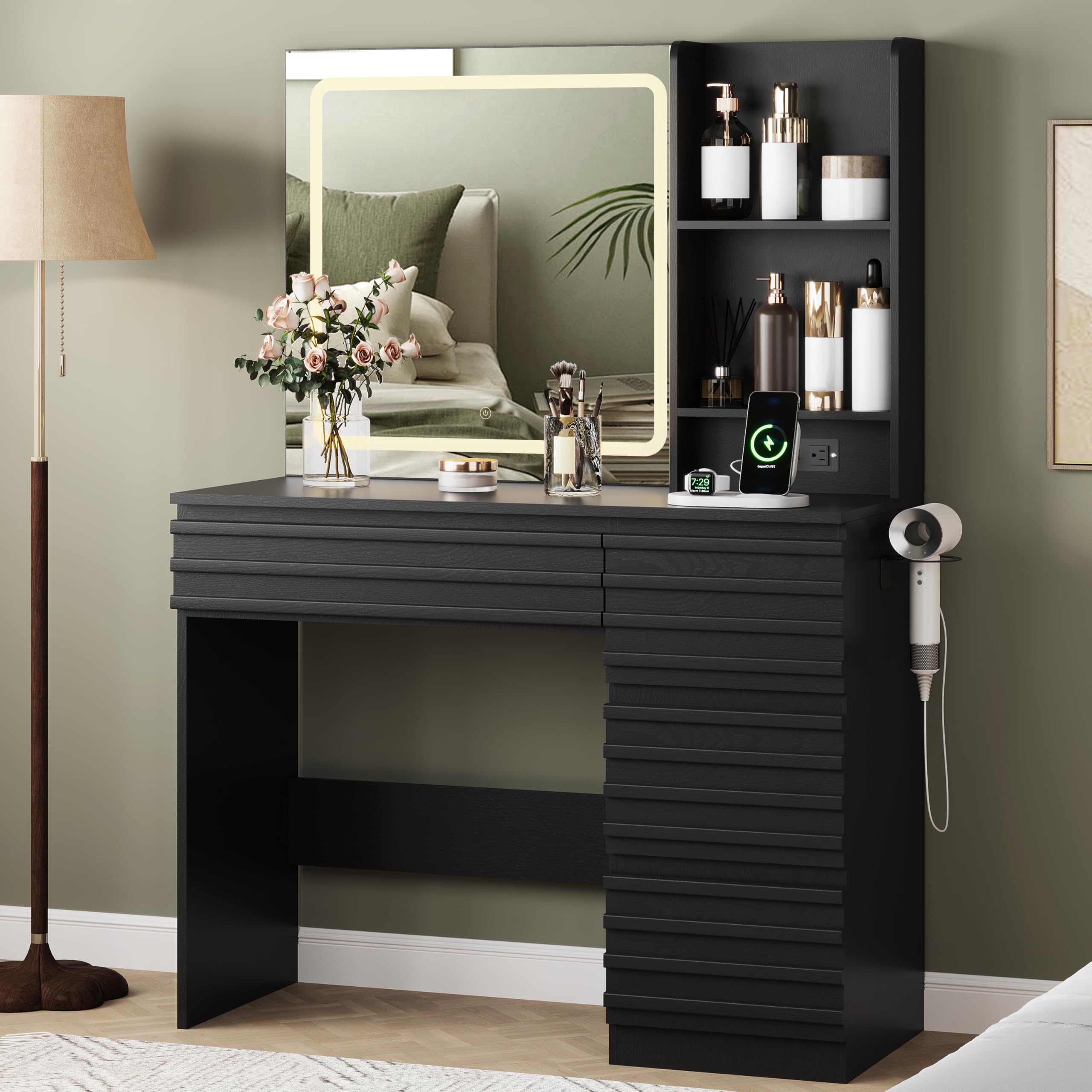 jmhdyg Makeup Vanity Desk with Lights, Fluted Vanity with 4 Drawers, Open Shelves, Power Outlet, LED Lighted Mirror, 3 Lighting Modes & Brightness Adjustable, Wood Dressing Table for Bedroom,Black