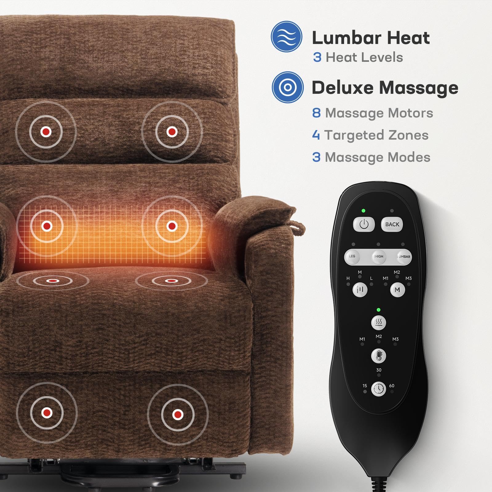 Tami Tami Dual Motor Lay Flat Power Lift Chair Recliner for Elderly with Massage and Heat, Electric Lift Recliner with Infinite Position, USB A&C (T6011 - Chenille, Brown)