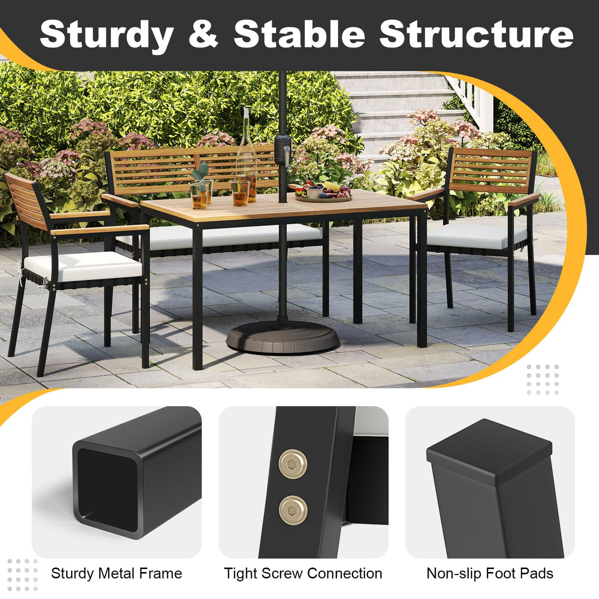 Tangkula 4 Piece Acacia Wood Outdoor Dining Set with 2 Stackable Armchairs