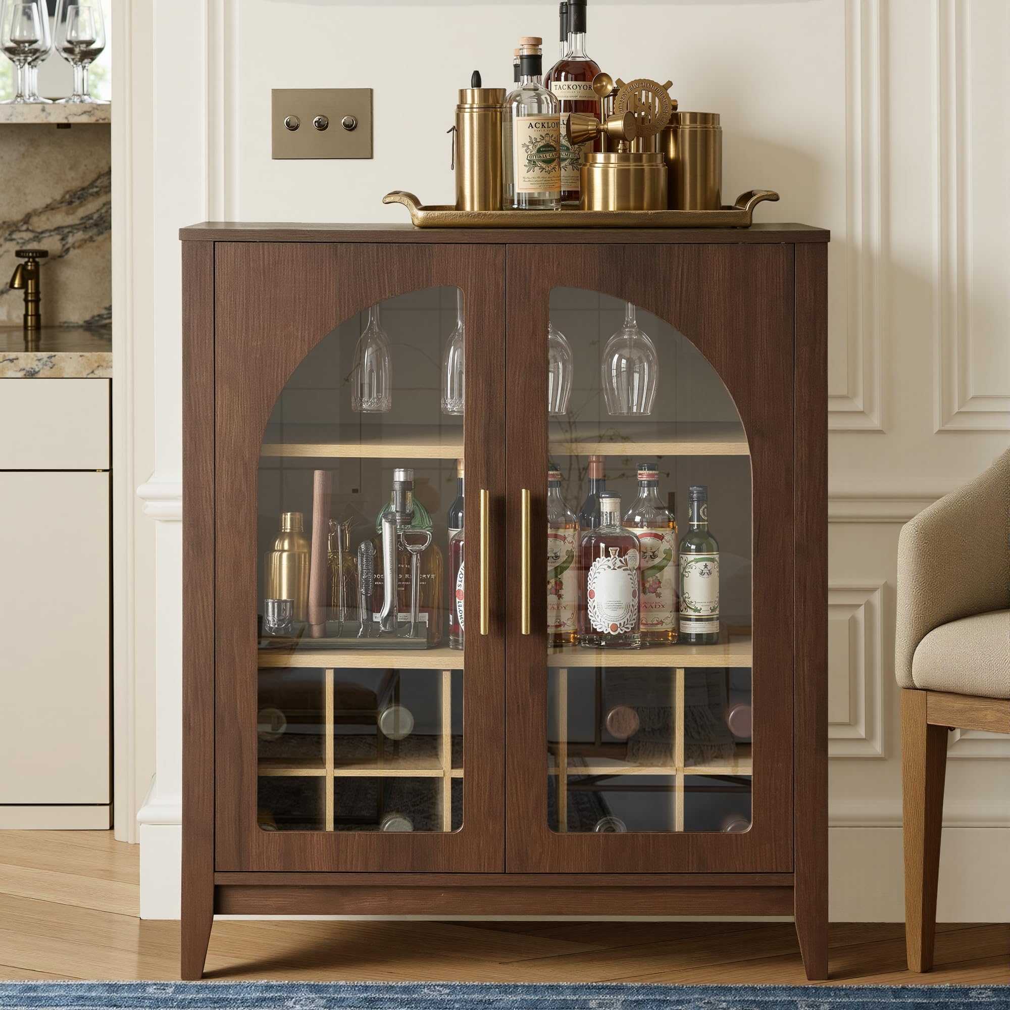 Mid-Century Modern Wine Bar Cabinet with Glass Doors