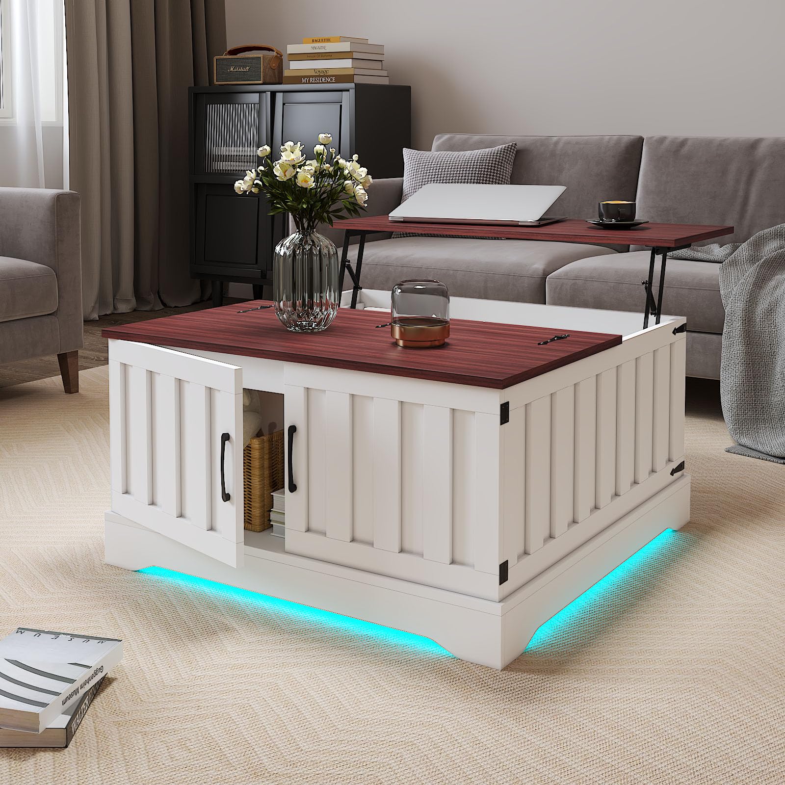 HedoAjim 31.5" Lift Top Coffee Table with Storage, Led Square White Coffee Table with Large Hidden Storage, Wood Living Room Table Center Table for Living Room Dining Reception Room