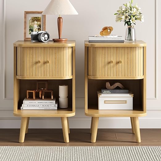 Fluted Nightstand with Charging Station & Sliding Tambour Door