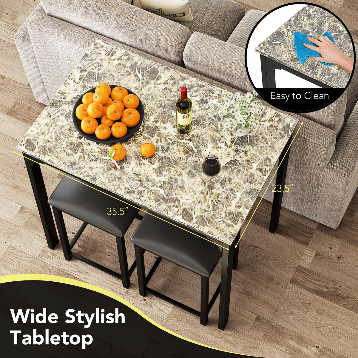GIANTEX Dining Table Set for 2, Counter Height Bar Table with Faux Marble Pattern Tabletop, 2 Padded Bar Stools, Footrests, Metal Frame, Dinette Set for Kitchen Small Space Breakfast Nook Pub, Brown